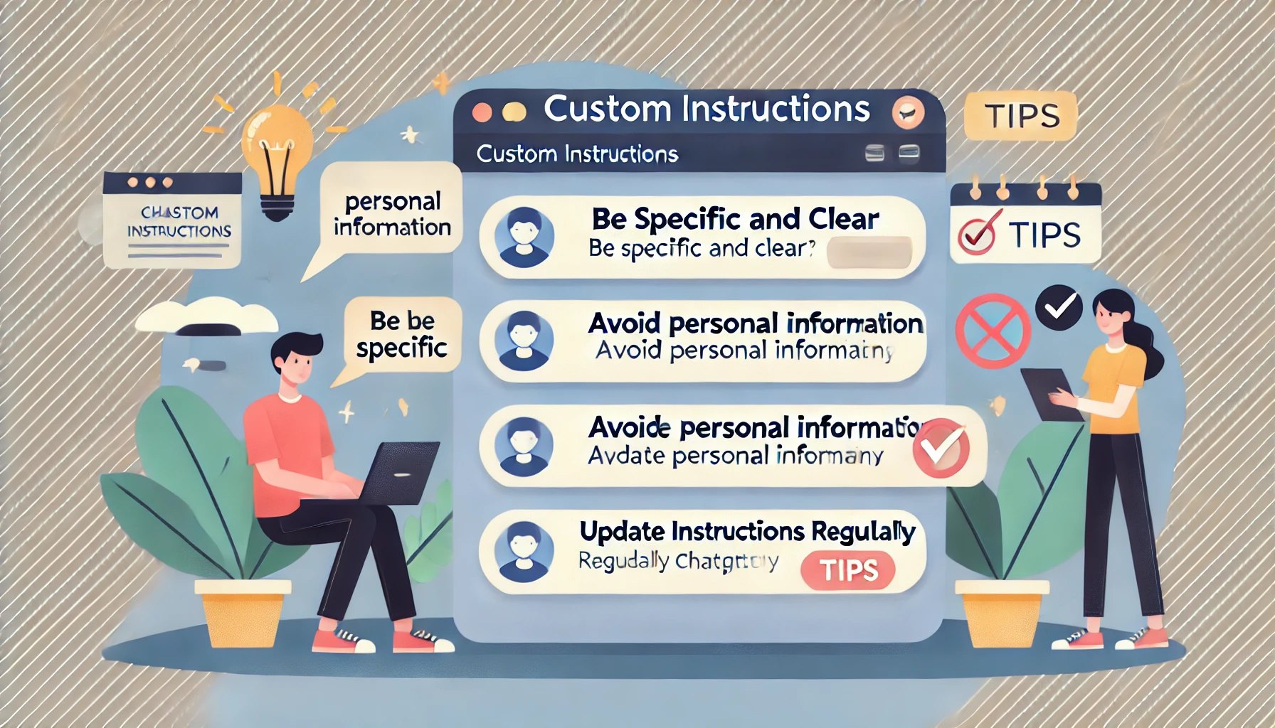 Custom instructionsを活用するためのヒントを示した画像。ユーザーがラップトップでChatGPTを操作しており、画面には「具体的かつ明確にする」、「個人情報を避ける」、「指示を定期的に更新する」などのヒントが表示されています。